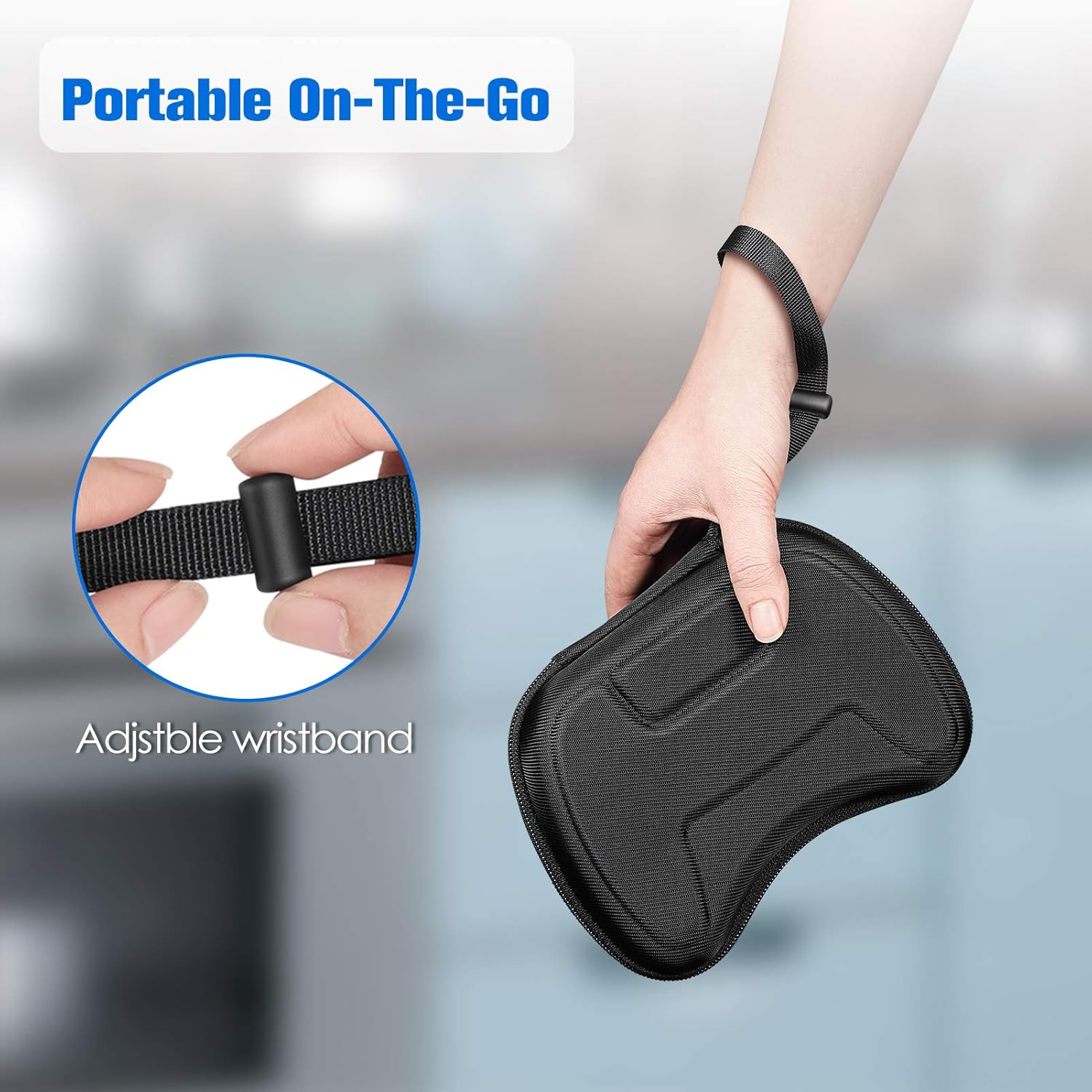 Hand holding FINTIE carrying case by its adjustable wrist strap