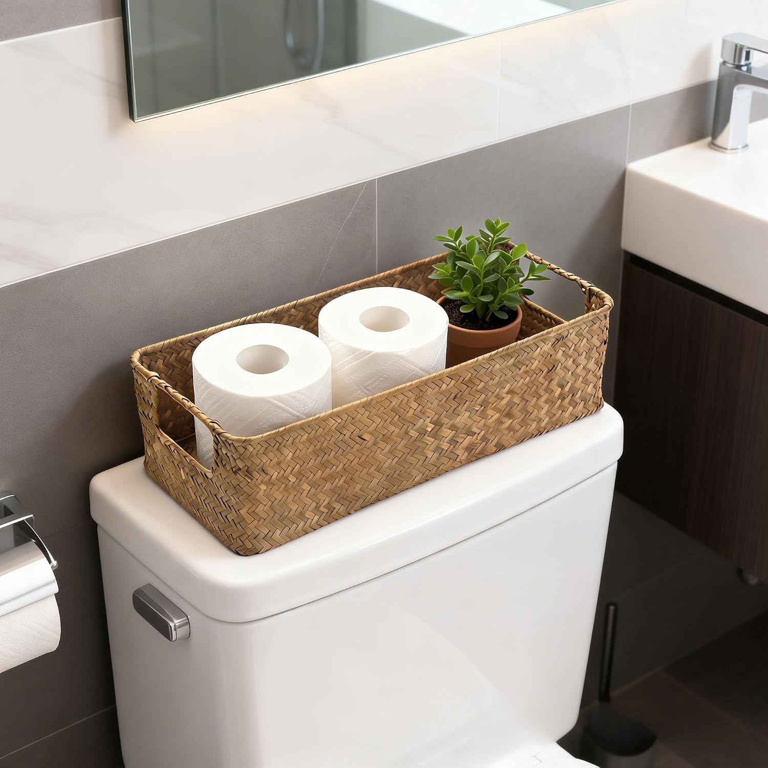Seagrass Toilet Paper Basket for Back of Toilet Tank Top, Wicker Bathroom Storage Basket for Organizing and Decor, Natural