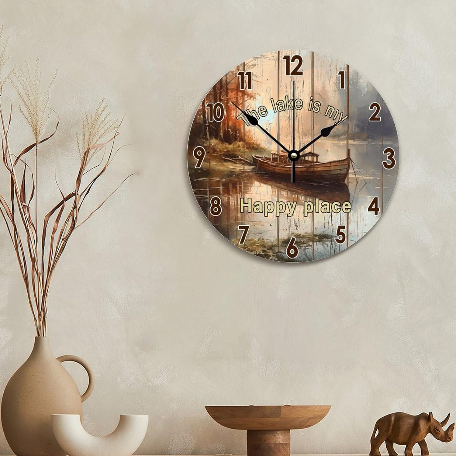 The Lake is Happy Place Large Wall Clocks Battery Operated 12 Inch Non-Ticking Lake House Time Clock Vintage Wall Decor Farmhouse Home Decor for Kitchen Bedroom Living Room Office