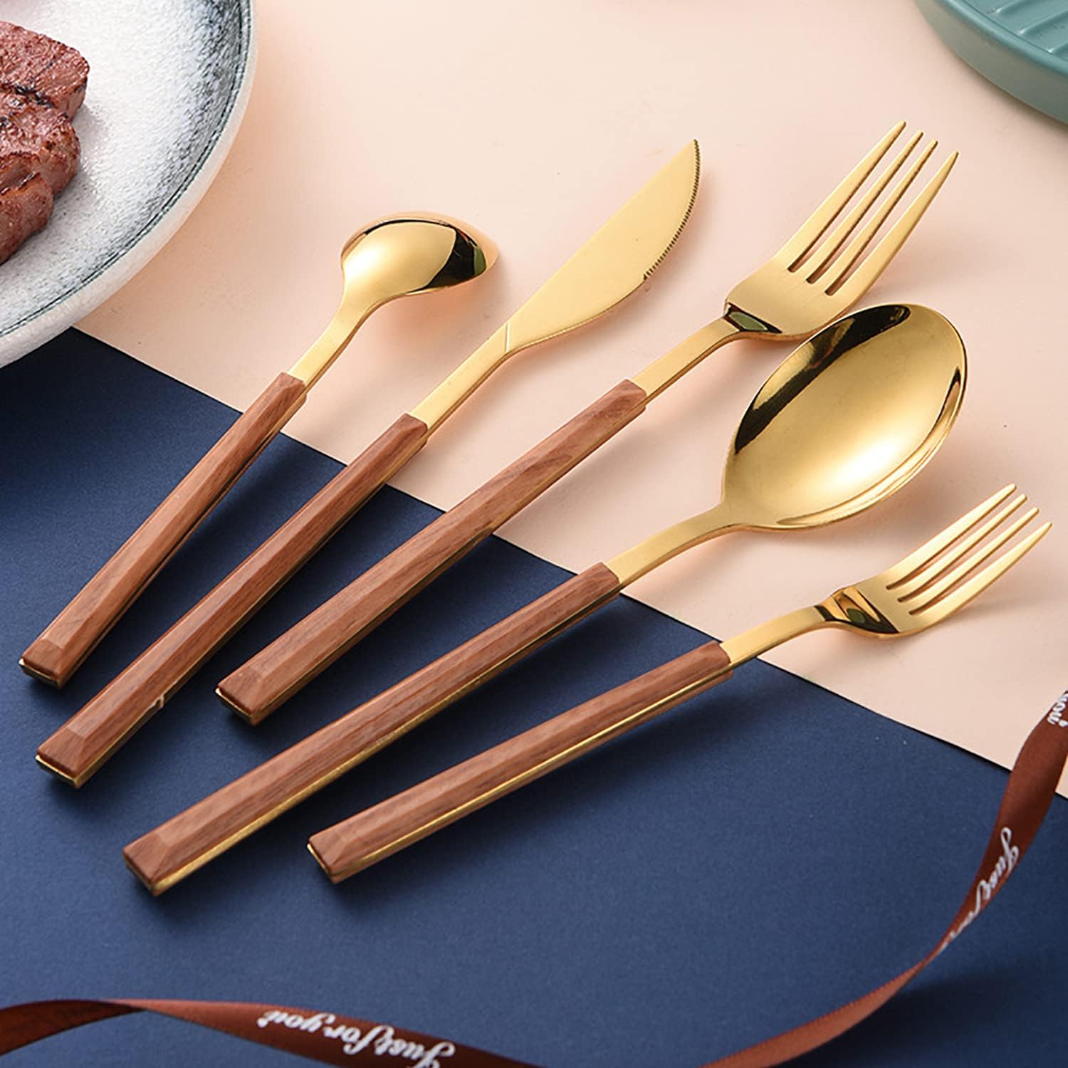 Silverware Set 40 Piece 18/10 Stainless Steel Flatware Set for 8 Wooden Square Handle Durable Kitchen Restaurant Wedding Tableware Utensil Include Knife Fork Spoon Fruit Fork Coffee Spoon
