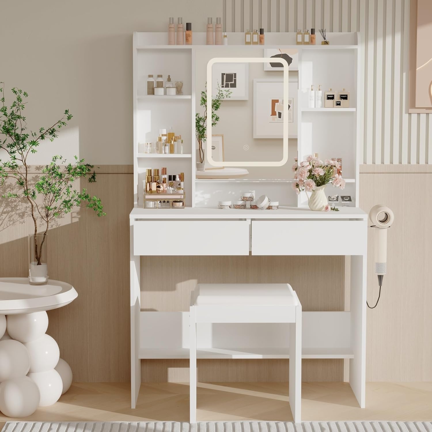 Jojoka Vanity Desk with Mirror and Lights, Vanity with 2 Storage Drawers, 2 Shelves and 6 Compartments, Compact Vanity-White