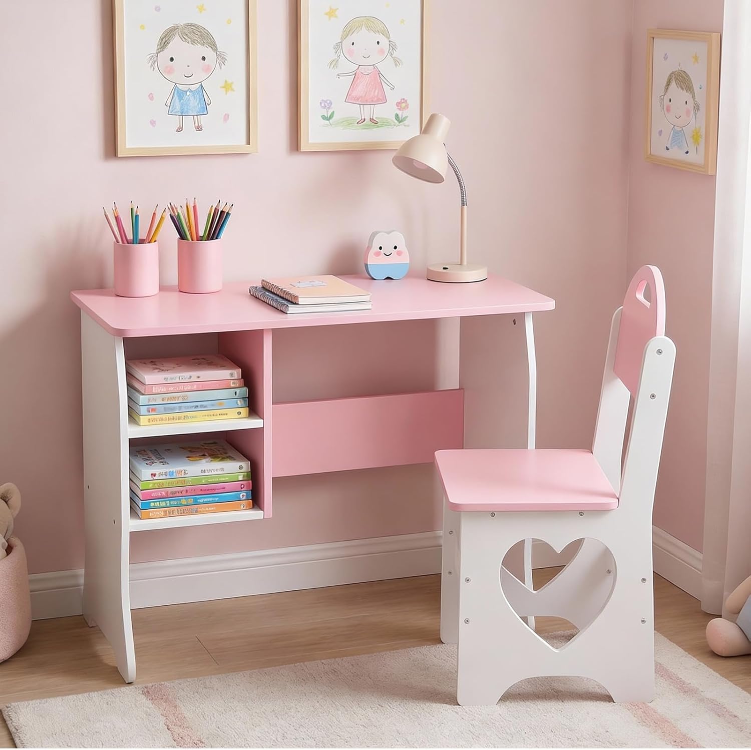 Brrnoo Kids Table and Chair Set, Wooden Study Desk with Built in Shelf and Heart Shaped Cutouts, White and Pink Cat Design, for Home Classroom Playroom (Pink and White)