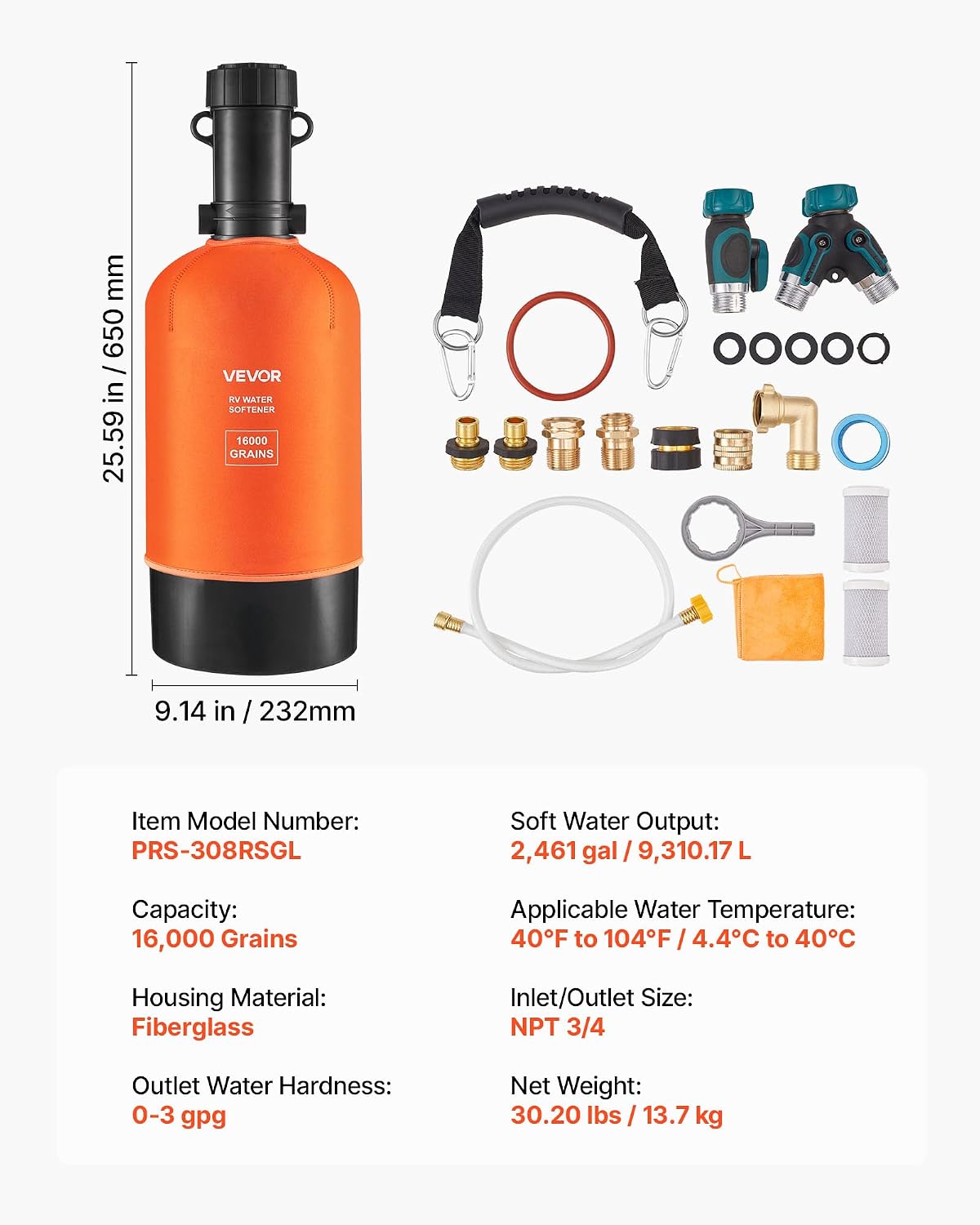 VEVOR RV Water Softener, 16,000 Grain, Portable Water Softener with Filter System, NPT 3/4" Fittings, Food-Grade Resin, Quick Connect, for RVs, Trailers, Boats, Mobile Car Washing, Pressure Washing