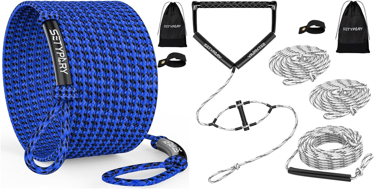 60FT & 75FT Combo: 4K Heavy-Duty Floating Tube Tow Rope for 1-4 Person Towable Tubes (Blue & Black) + Wakeboard Rope with Handle, 4-Section Adjustable Water Ski Rope (White & Black)