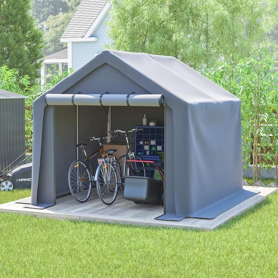 8x8 FT Outdoor Shelter with Roll-Up Doors Waterproof UV-Resistant for Garden Storage and Vehicle Protection