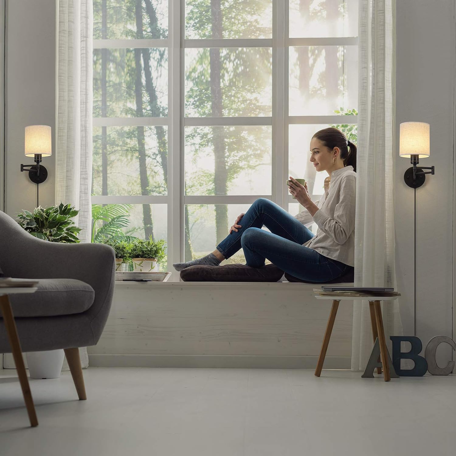 Set of 2 CADUKE Plug in Wall Light Set of 2, Swing Arm Wall Lamps, Modern Bedroom Wall Sconce Fixtures with Linen Lampshade for Reading Hallway Living Room