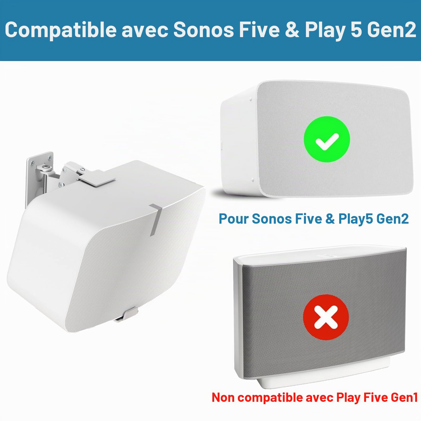 notiela Support Mural de Haut-Parleur Robuste pour Sonos 5 & Play 5 Mount - Supports de Haut-parleurs réglables, inclinables et pivotants pour Sonos 5 & Five, Play 5 Gen 2, Blanc