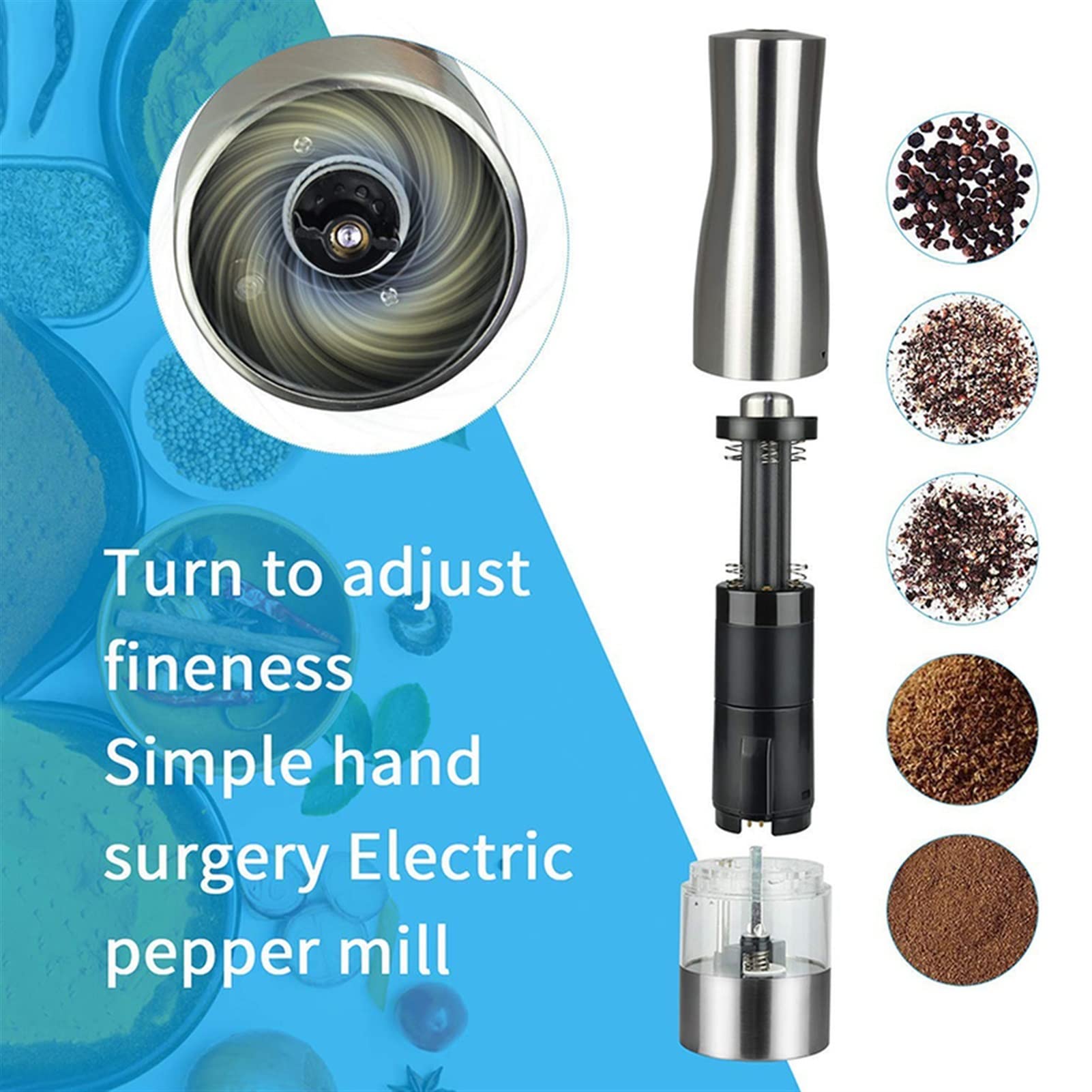 Młynki do Pieprzu Elektryczny młyn pieprzu ze stali nierdzewnej sól i szlifierka pieprzowa regulowana ceramiczna DOPROWADZIŁO Lekka kuchnia Automatyczny Młyn Spice Spice Grinder