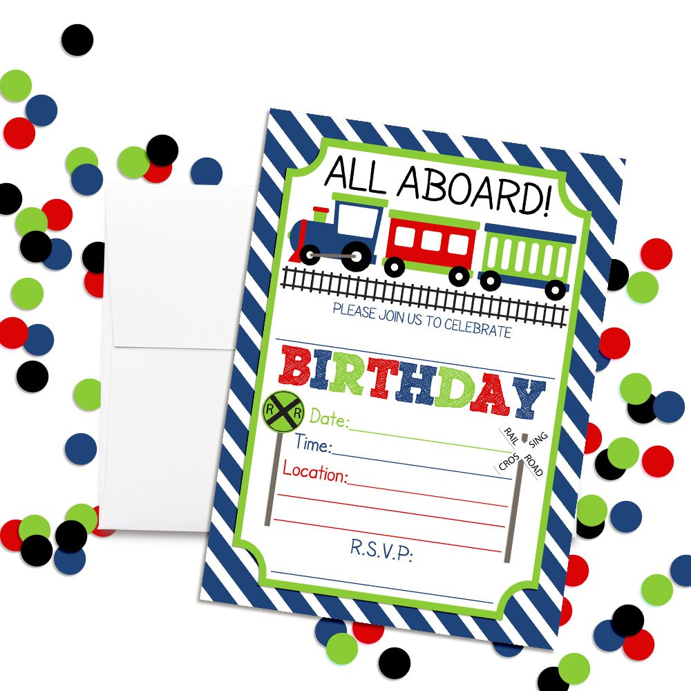 Train Birthday Party Invitations for Boys, 20 5x7 Fill in Cards with Twenty White Envelopes by AmandaCreation