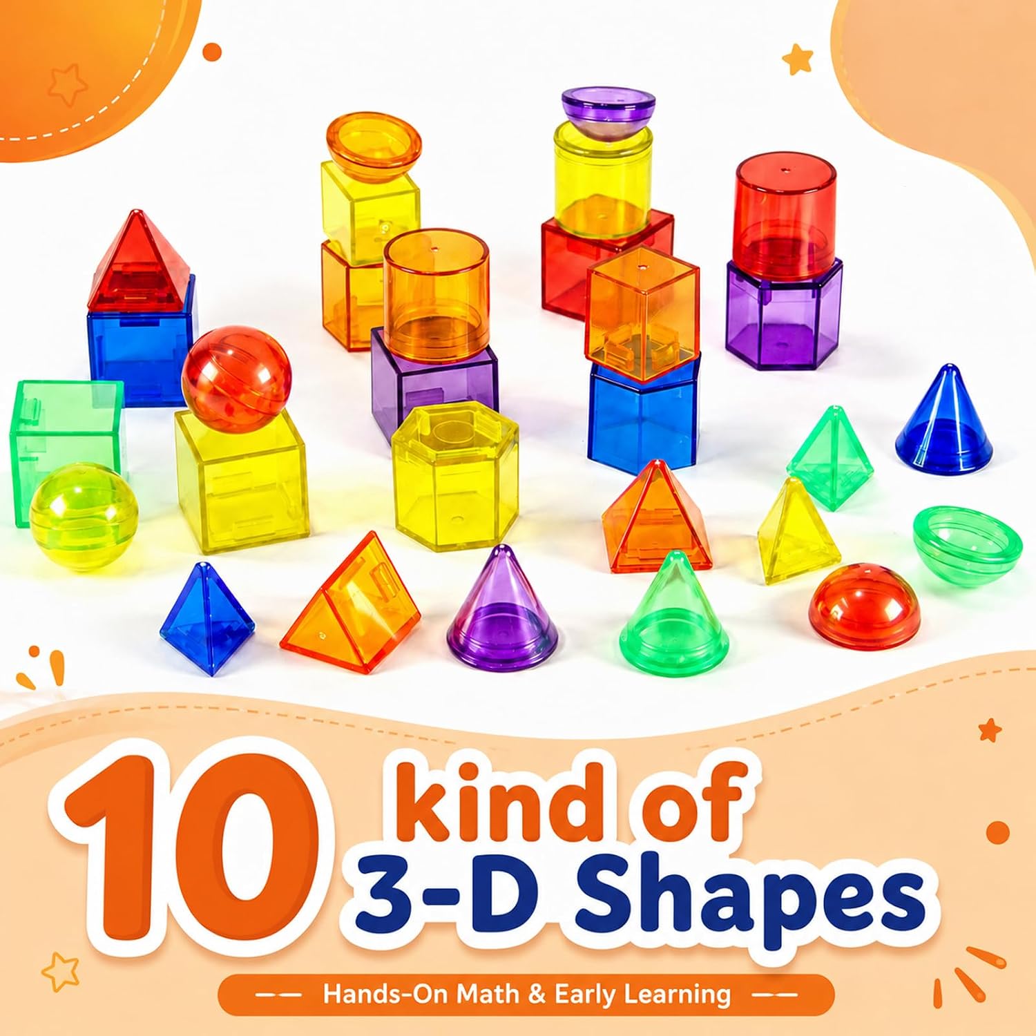 60 PCS 3D Shapes for Teaching, Geometric Solids - Geometric Shapes for Kids, Light Table Manipulatives, 3D Shapes Light Table Toys, Math Manipulatives for Classroom image 2