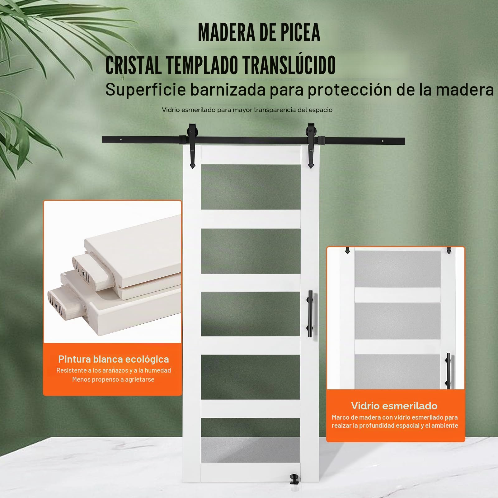 VEVOR Kit de Herrajes y Puerta de Granero Puerta Corrediza de Vidrio de 762 x 2134 mm Puerta de Granero con Guía de Piso 8 en 1, Manija de Puerta, Paneles de Madera de Abeto y Vidrio Esmerilado