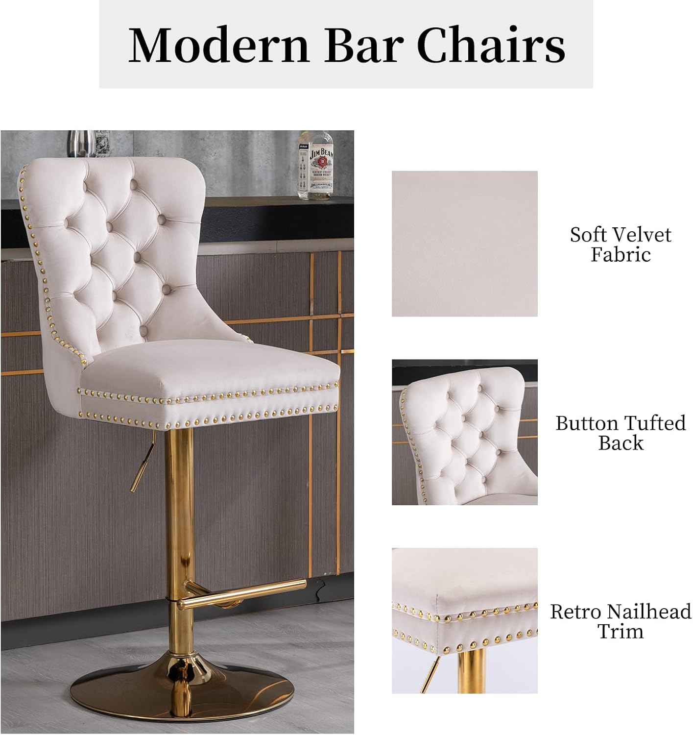 Velvet Bar Stools Set of 2, Adjustable Swivel Counter Height Bar Stools with Nailheads Trim, Back Ring Pull Trim and Gold Footrest, Upholstered Bar Chair for Kitchen Island, Home Bar(Beige)