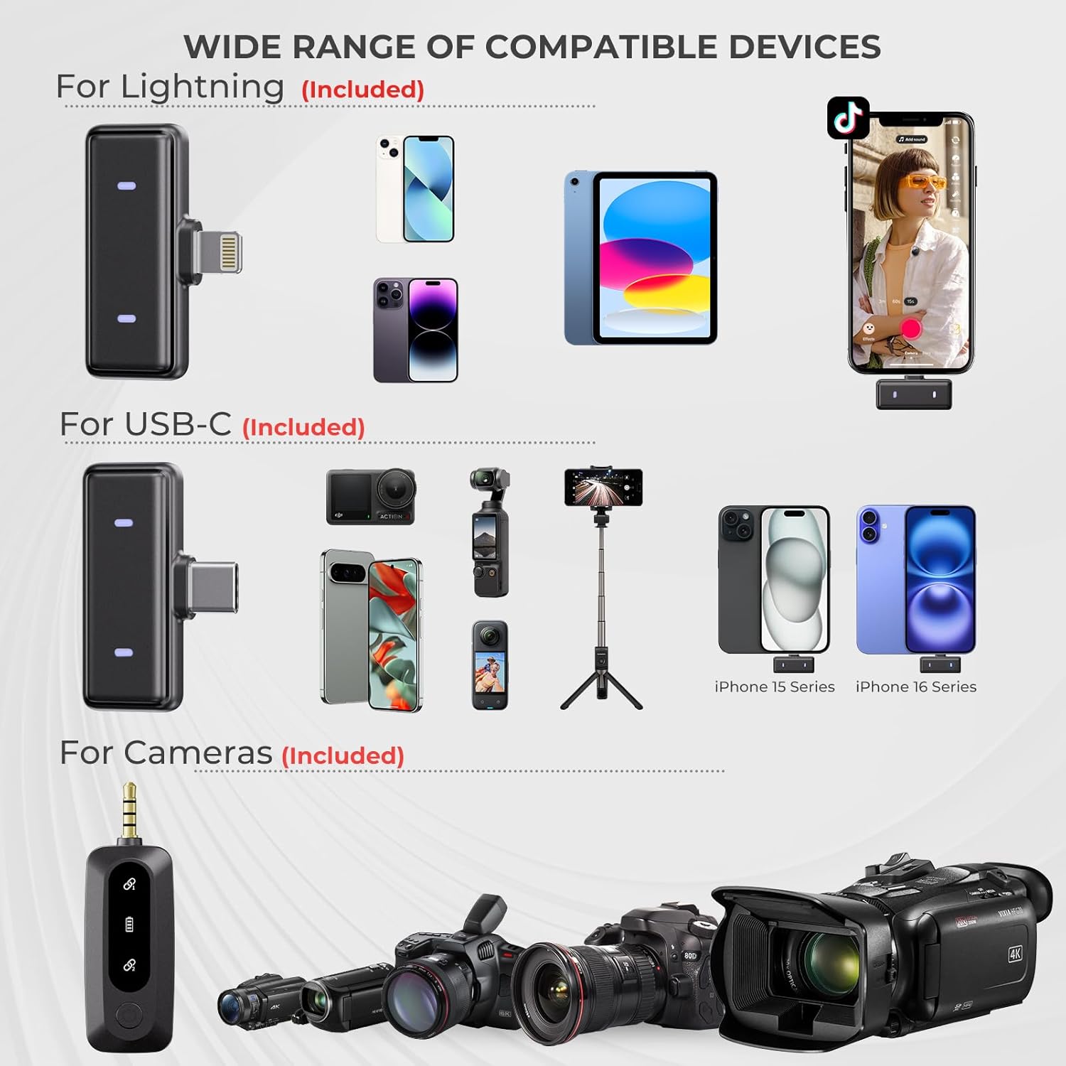 Moman Wireless Lavalier Microphone for iPhone/Android/Camera/Laptop/PC, Mini Clip/Magnetic Microphones for Lightning/USB-C/3.5mm, Active Noise Cancellation Lapel Lav Mic, 48H for Video Recording