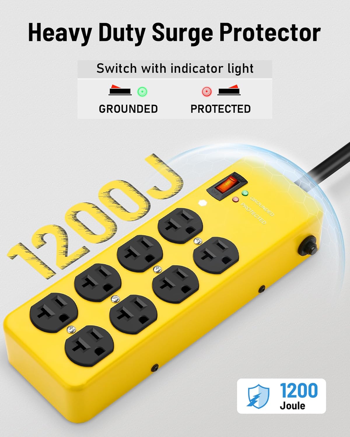 KeBen Heavy Duty Power Strip 20Amp,Metal Power Strip with Surge Protection,12 Gauge 10FT Extension Cord with 8AC,Wall Mountable 5-15P to 5-20R T-Slot Outlet for Appliance,Garage,Workshop,Industrial