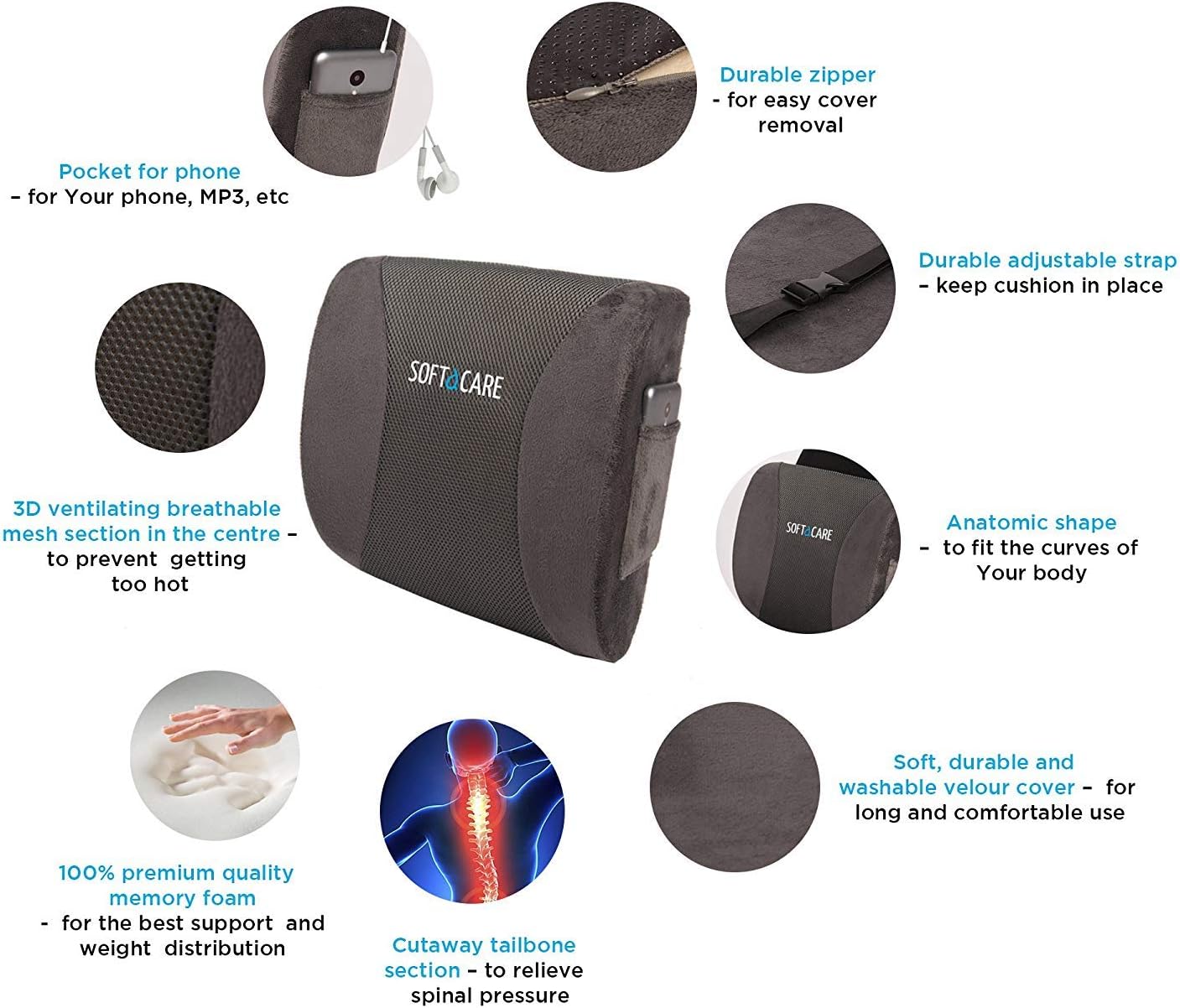 SOFTaCARE, Dark Gray Seat Cushion Coccyx Orthopedic Memory Foam and Lumbar Support Pillow, Set of 2, 2 Count: Furniture & Decor