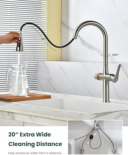 Vista 13 de APPASO Grifo de cocina con níquel cepillado extraíble, un solo mango de arco alto cuello de cisne moderno grifo de fregadero de cocina con placa