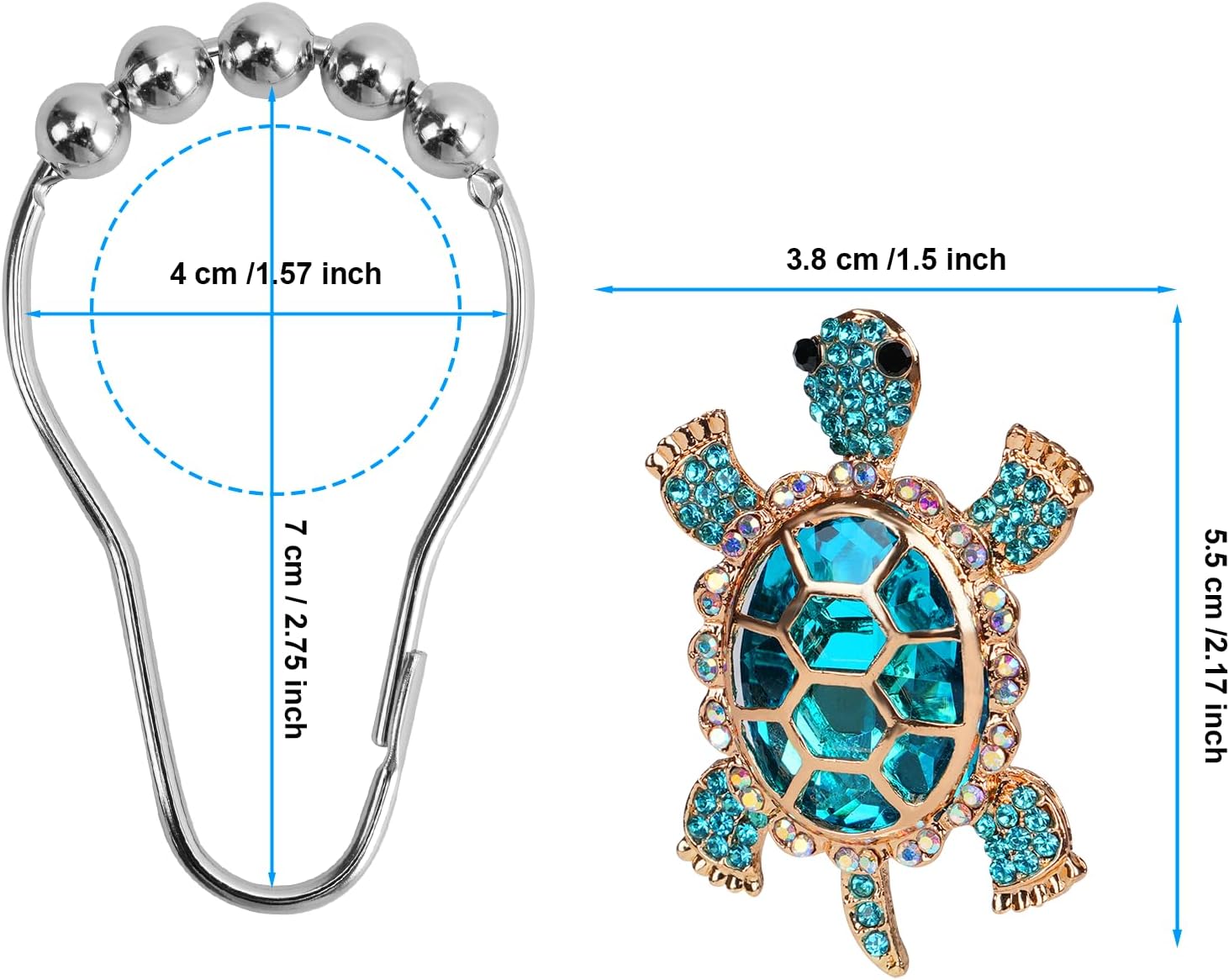 Sapphire Sea Turtle Decorative Shower Curtain Hooks Set,12 PCS,Roller Ball, Stainless Steel,Cute Ocean Animal Decor, Beach Shower Rings,Rustproof,Bathroom, Blue & Golden & Rhinestone