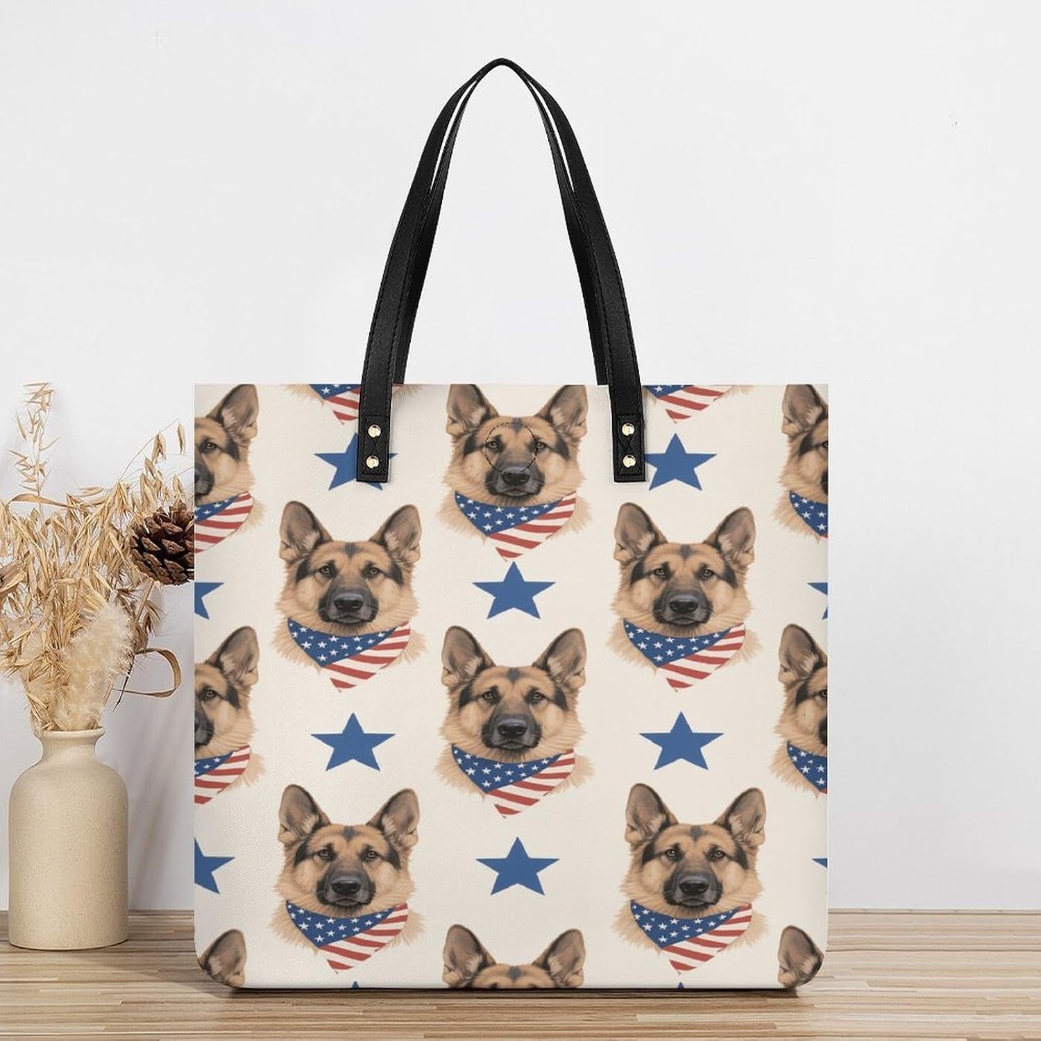 Patriotic German Shepherd Tote Bag with Magnetic Buckle Reusable Grocery Bags Lightweight Cross Body Handbag for Daily Essentials