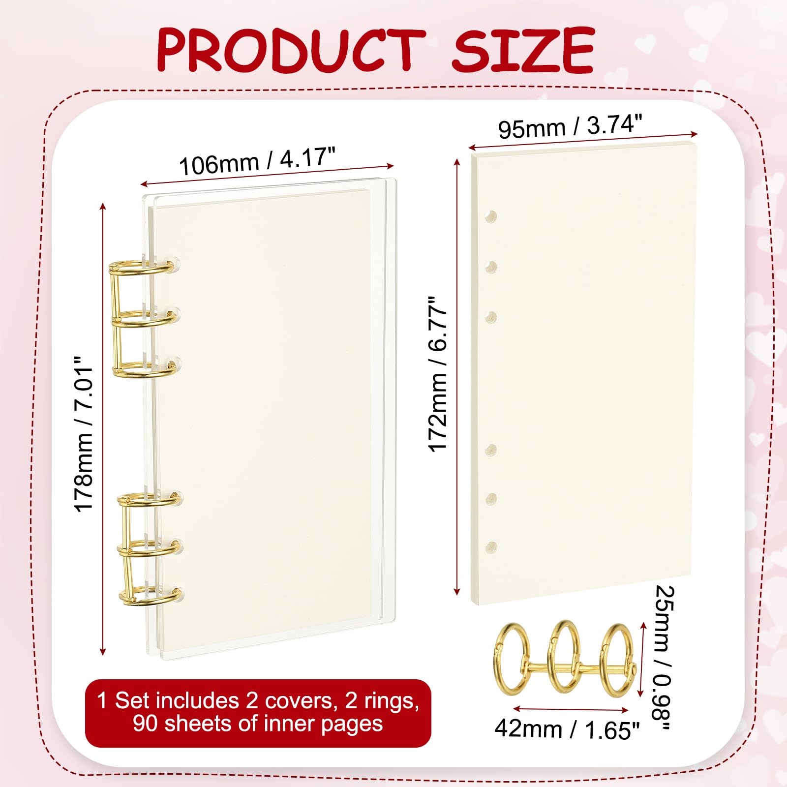 PATIKIL 6 Ring Binder Notebook Cover, A6 Acrylic Binder Notebook 2 Gold Metal Round Rings with 90 Sheets Blank Inner Papers for Travel Office Planner Budget, Clear - Image 2