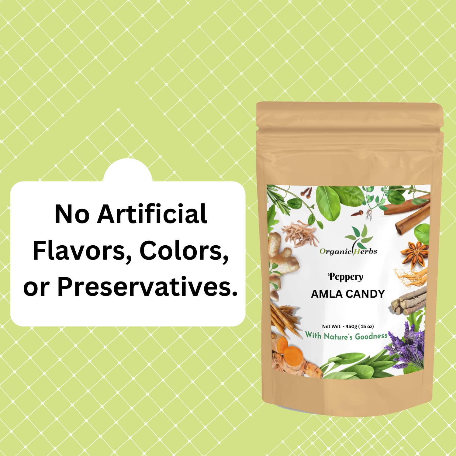 Organic Herbs Amla Peppery Candy Dry Indian Gooseberry Fruit Mouth Freshener or preservatives Vitamin-C (Amla Peppery Candy Pouch Pack 450GM/15 Oz) image 4