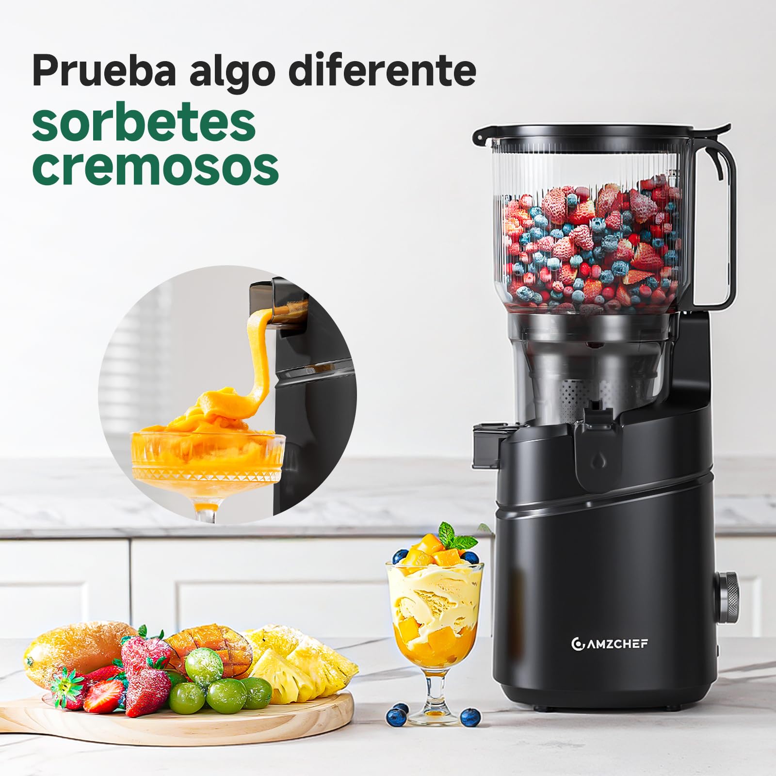AMZCHEF Extractor de Zumo Automático Multifuncional de 250W, 150MM de Apertura, Exprimidor de Frutas y Verduras de 2 Litros con Triple Filtro - Negro