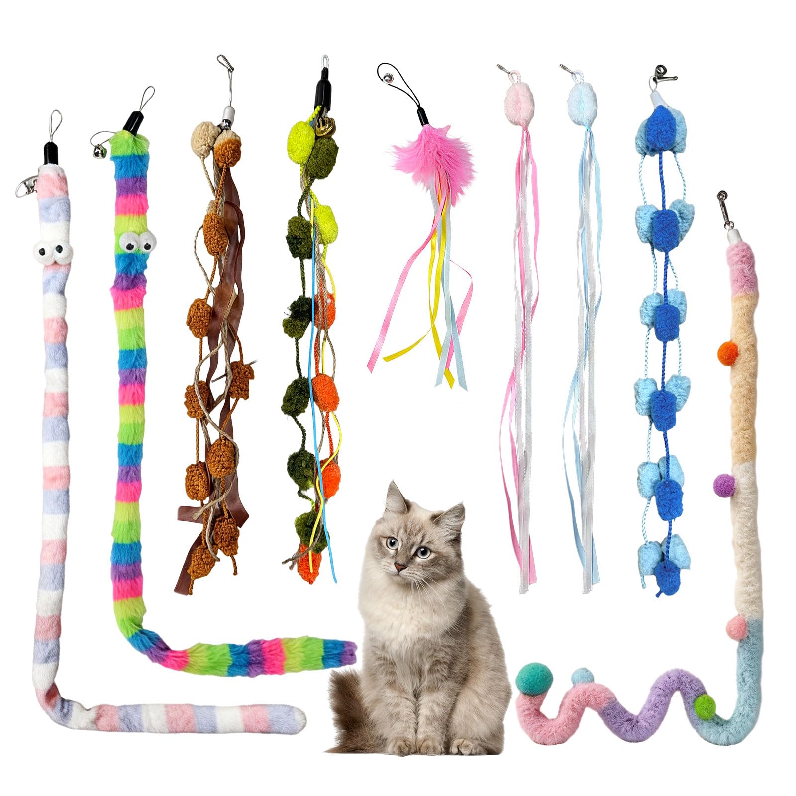 Bestwist Feather Toys For Cats Replacement Set, Colorful Interactive Kitten Cat Teaser Wand Refills with Bell(9 Pack-Style B)