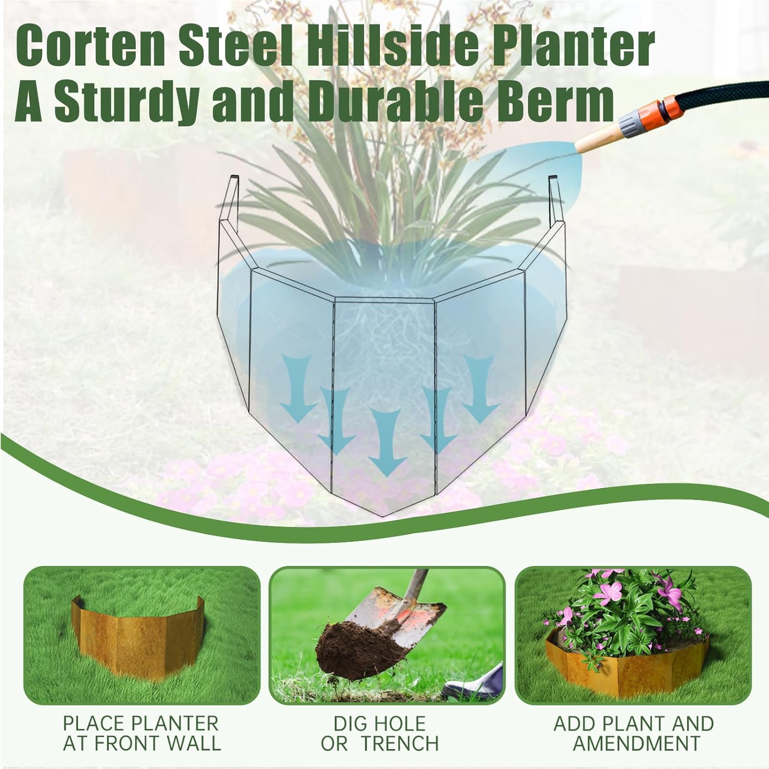 Decoroca Corten Steel Hillside Planter - Innovative & Durable Terrace-Style Planters for Slope Gardening - Prevent Soil Erosion, Beautify Hillsides & Landscapes (40" W x 18" H/Set of 2)