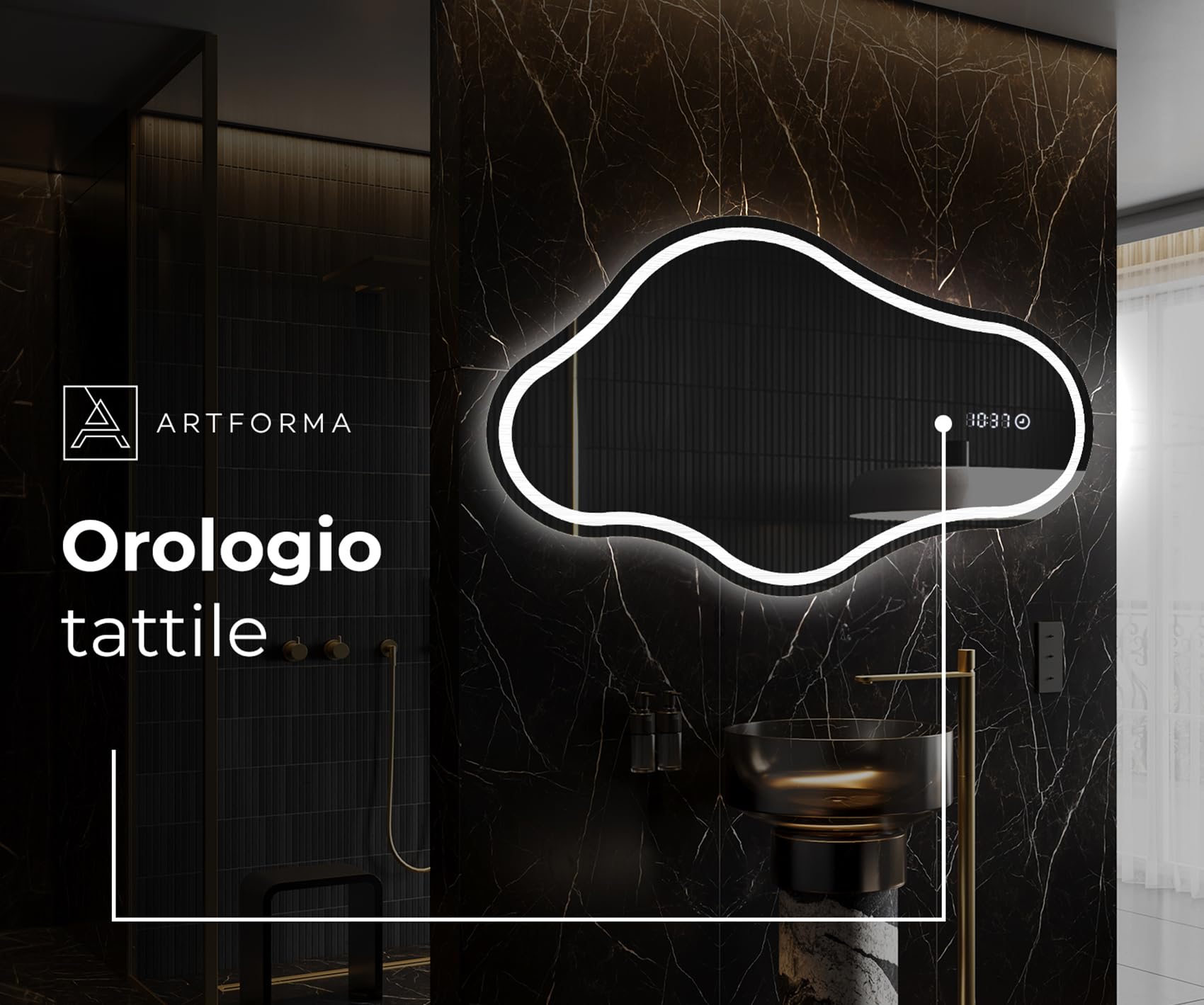 A ARTFORMA decorativi Specchio LED da parete forme particolari 94x54 cm | su Misura | moderno specchi con illuminazione, retroilluminato | CHM223