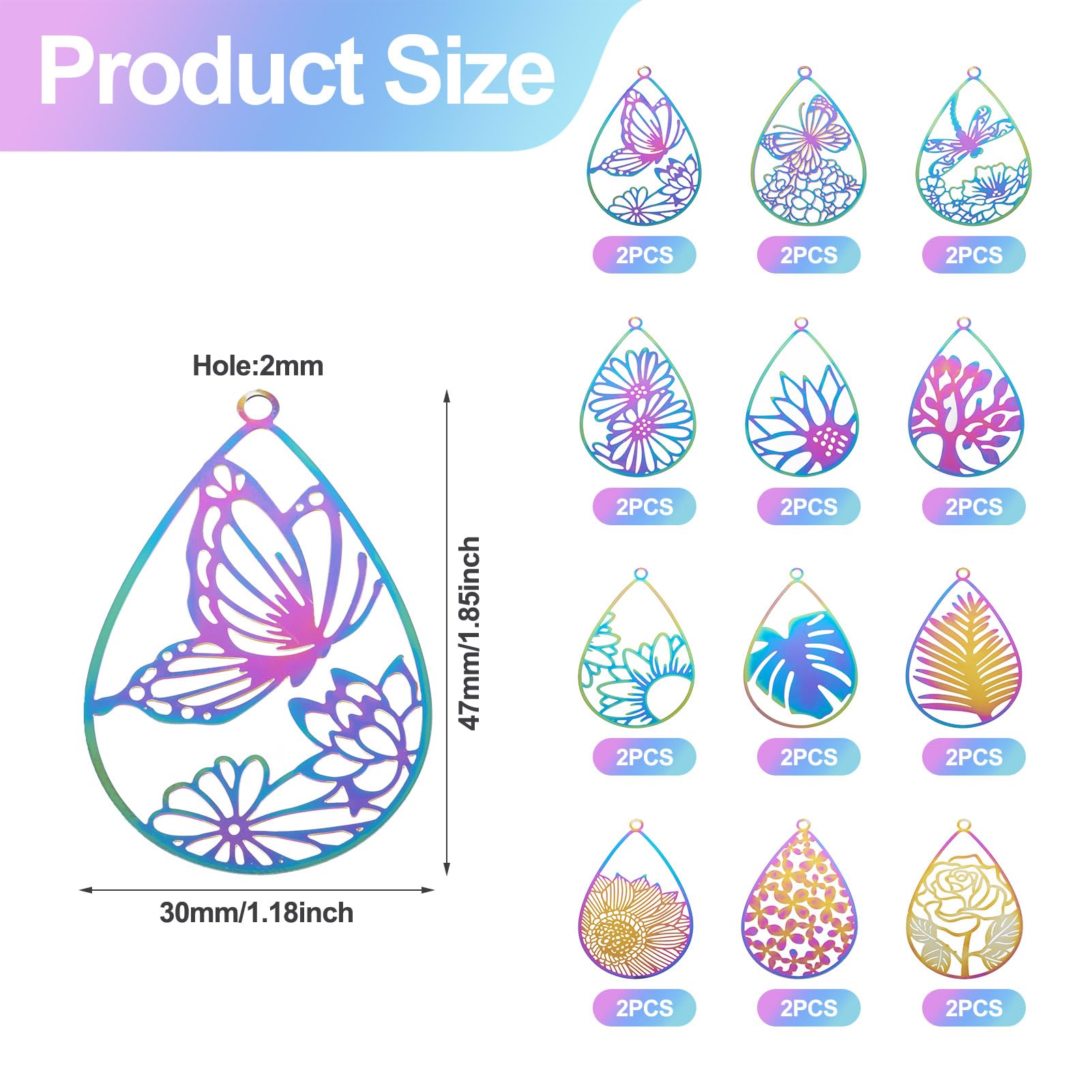 Spritewelry 24Pcs Stainless Steel Teardrop Filigree Pendants Dragonfly Butterfly Leaf Flower Hollow Etched Metal Embellishments Charms for Jewelry Making - Image 2