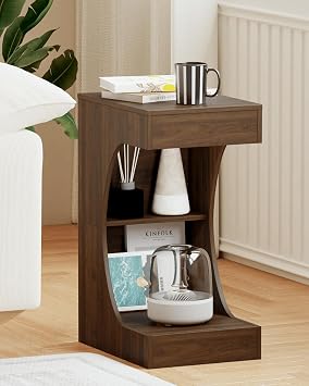 Veegle C-Shaped Side Table, Narrow End Table with Storage Shelf, C Table for Small Space, Small Coffee Tables for Living Room Bedroom Walnut Brown