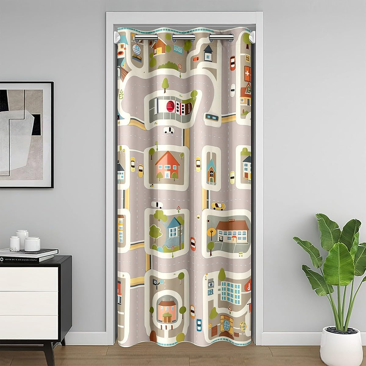 Cartoon Town Map Door Curtain Road Traffic Themed Doorway Curtain House Building Darkening Blackout Curtain Colorful Transport Drape for Bedroom Privacy 1 Panel 42" W X 80" L