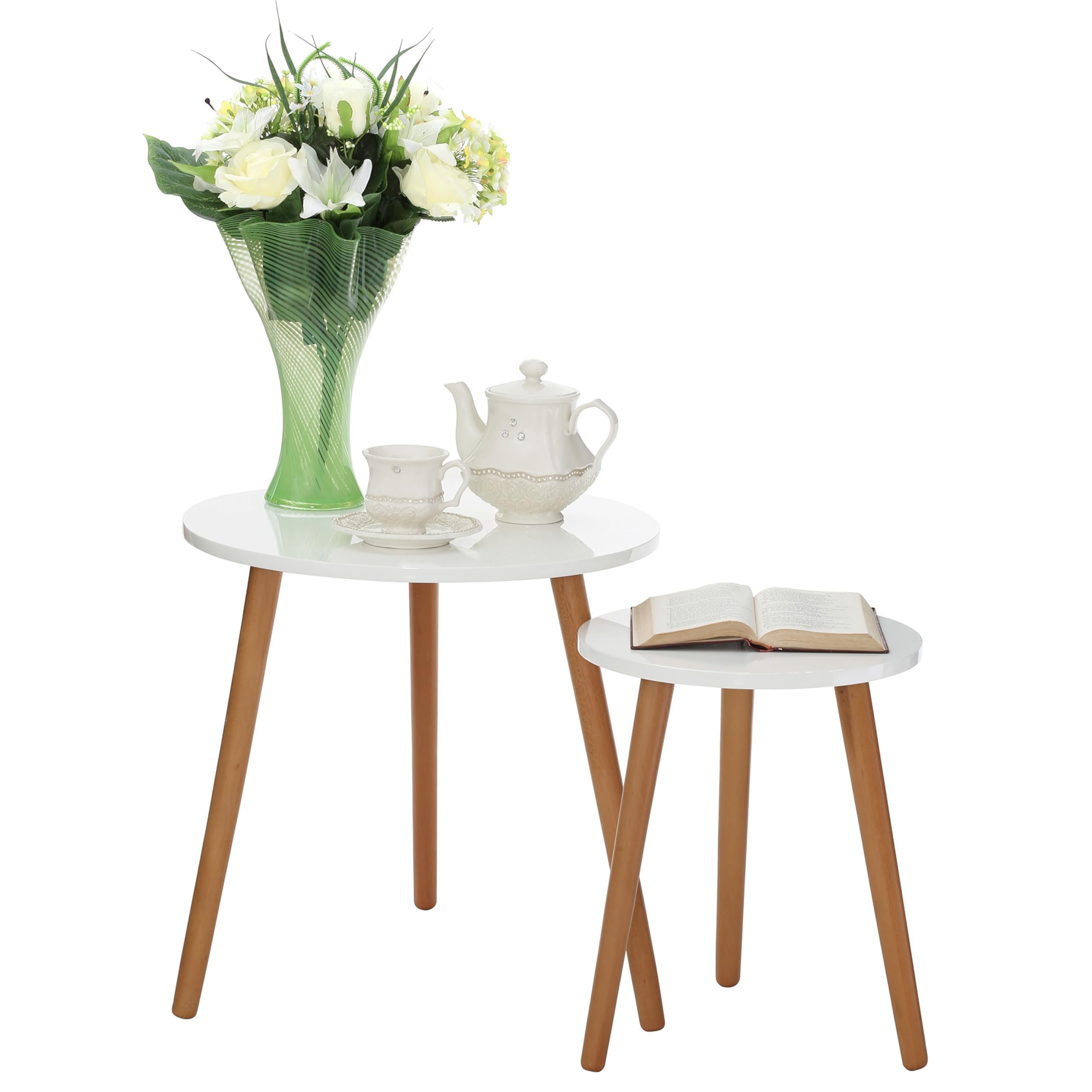 Premier Housewares Round Nest of 2 Tables - Gloss White Nesting Coffee Tables - Living Room Side Tables