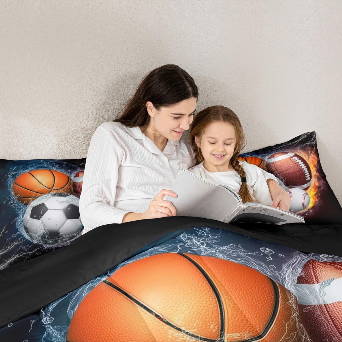 Football Bedding Set Baseball Full Size Comforter Sets Basketball Bedding Soccer Comforter with 2 Pillow Case, Sports Themed Room Decor for Boys Kids Teens, Fire and Ice Decoratives 3 Piece, Cozy