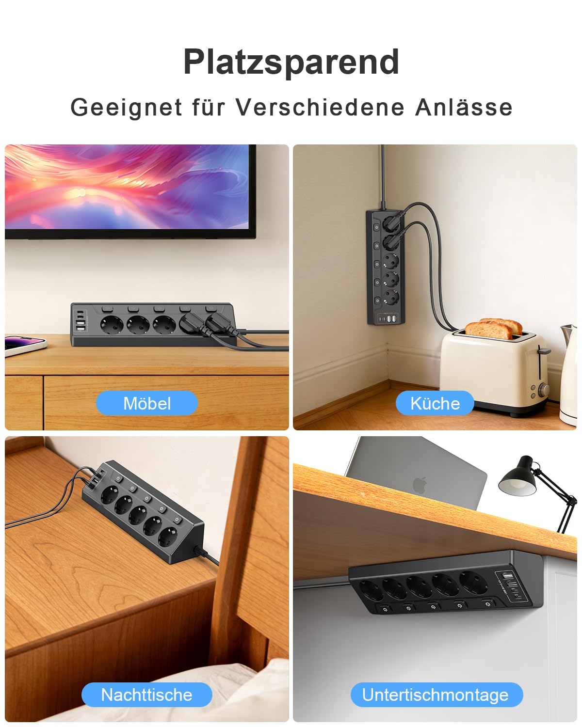 Presa Angolare con Interruttore Indipendente, Ciabatta con 4 USB (2 USB C)+5 Prese con Protezione per Bambini, 3680W, Cavo di Prolunga da 2M per Cucina, Ufficio, Casa (nero)