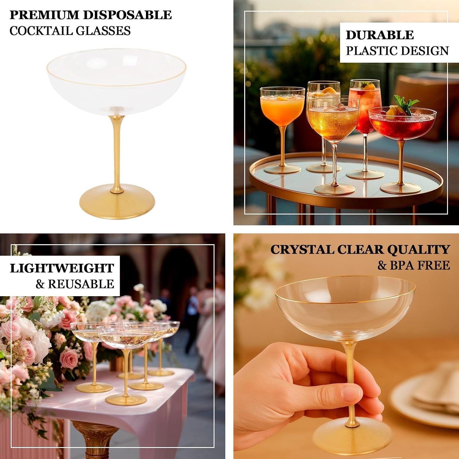 Efavormart 24-Pack 9oz Clear Plastic Coupe Cocktail Glasses with Gold Base, Elegant Disposable Champagne Cups for Weddings and Gala Events