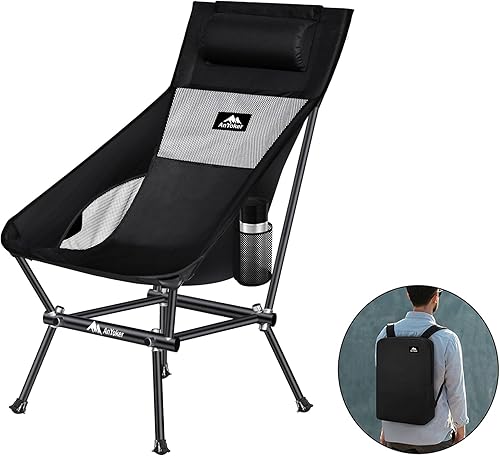 AnYoker Silla de camping, silla de mochilero compacta, silla plegable portátil, silla de playa con bolsillo lateral y reposacabezas, silla de