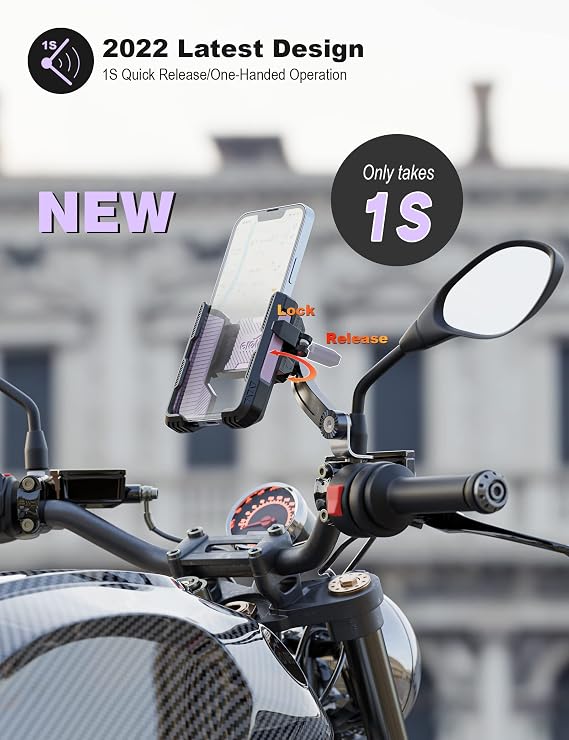 GREFAY Motorcycle Phone Holder Handlebar Mount Motorbike Phone Holder Rearview Mirror【2 Connection Methods+1S Quick Disassembly】 With ​360 Rotate for 4.0-7.0 inch smartphone
