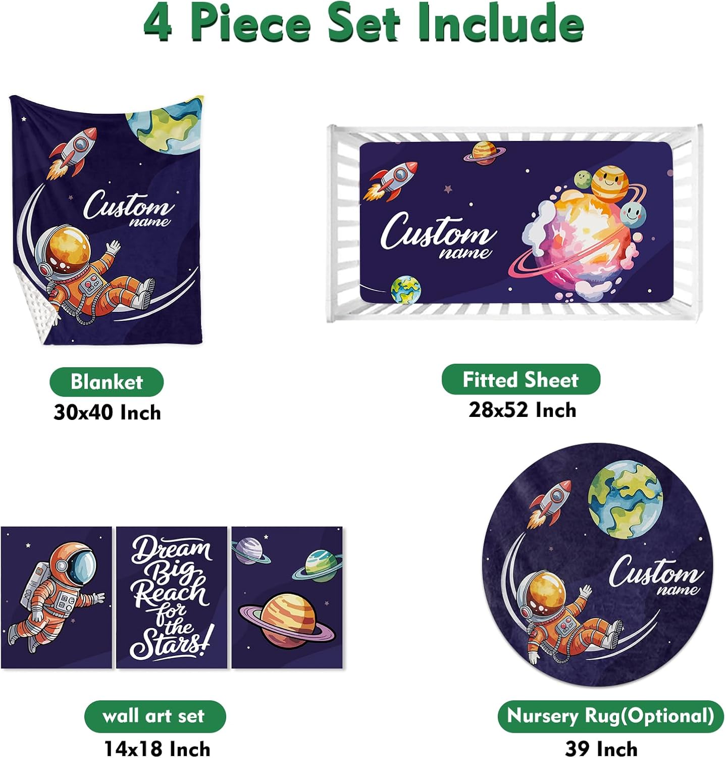 Personalized Baby Crib Bedding Set, Custom Name Nursery Bedding Sets 4PCS - Minky Blanket Fitted Sheet Nursery Rug Wall Art Set, Astronaut Rocket Theme Nursery Décor for Newborn Boys