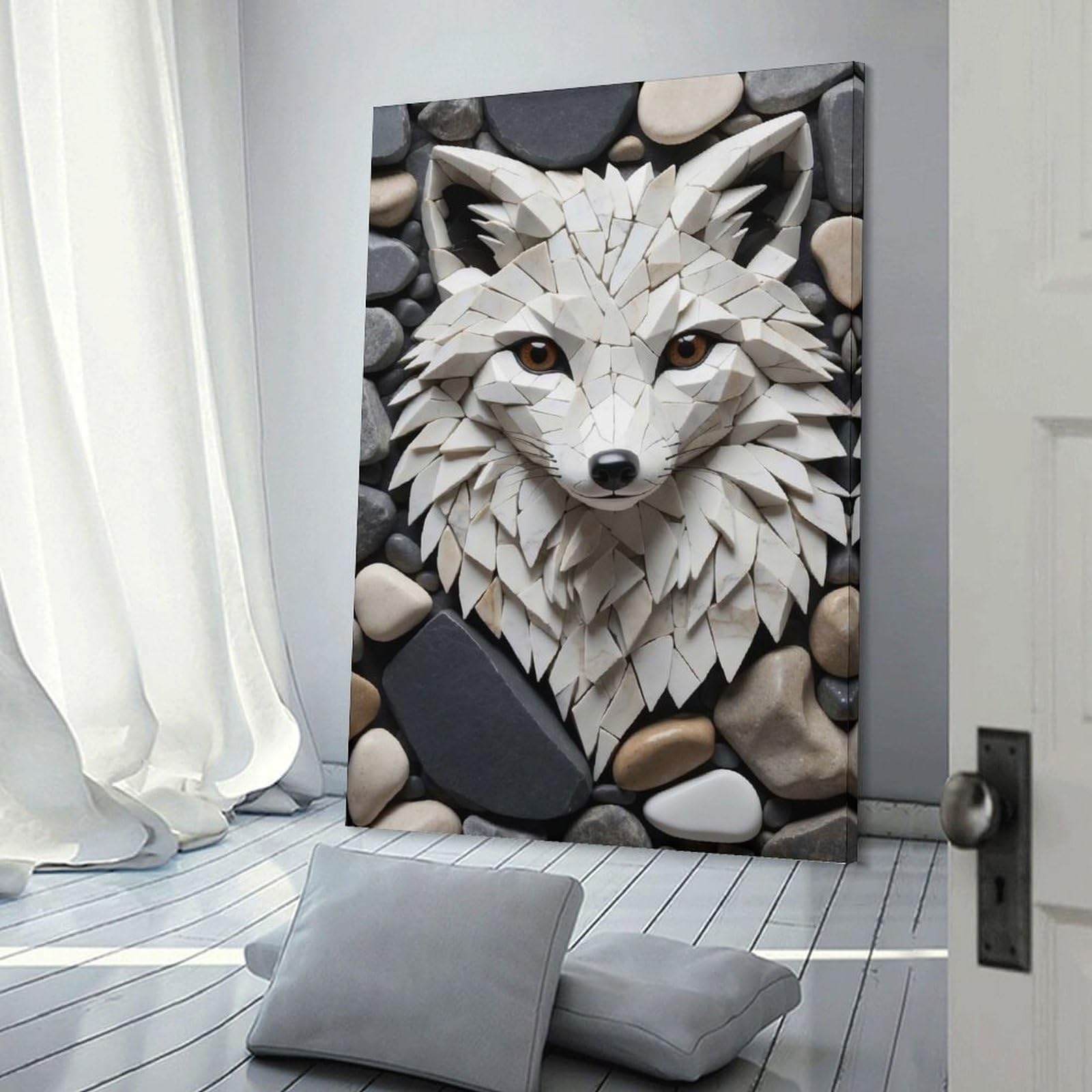 Junmoney Mosaic Fox Portrait on Stone Background Hanging Wall Art, 20x30inch(50x75cm), for New Homes, Bedrooms Or Workspaces, Thoughtful Wall Decor for Art Lovers