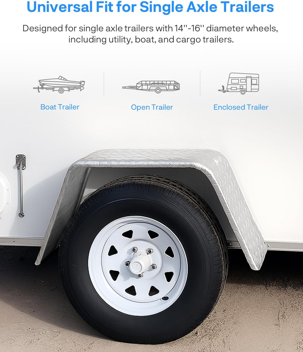 Square Trailer Fenders for 14"-16" Wheels – Fits Utility, Boat, Cargo Trailers – 16 Gauge Diamond Plate Steel – 32"x13"x9", Heavy Duty Trailer Fenders Single Axle