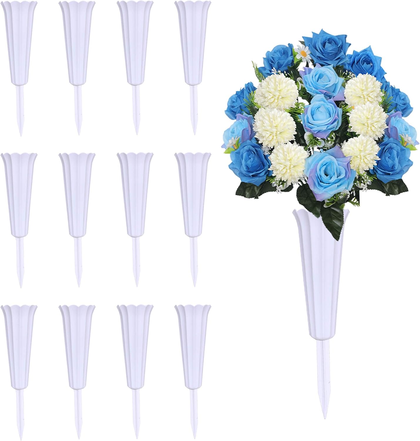 Memorial Floral Vases, Cemetery Vase, Headstones Flower Holder, Plastic Cemetery Vases with Ground Spikes – Memorial Flower Holders for Graves, Headstones & Outdoor Decor (6, White)