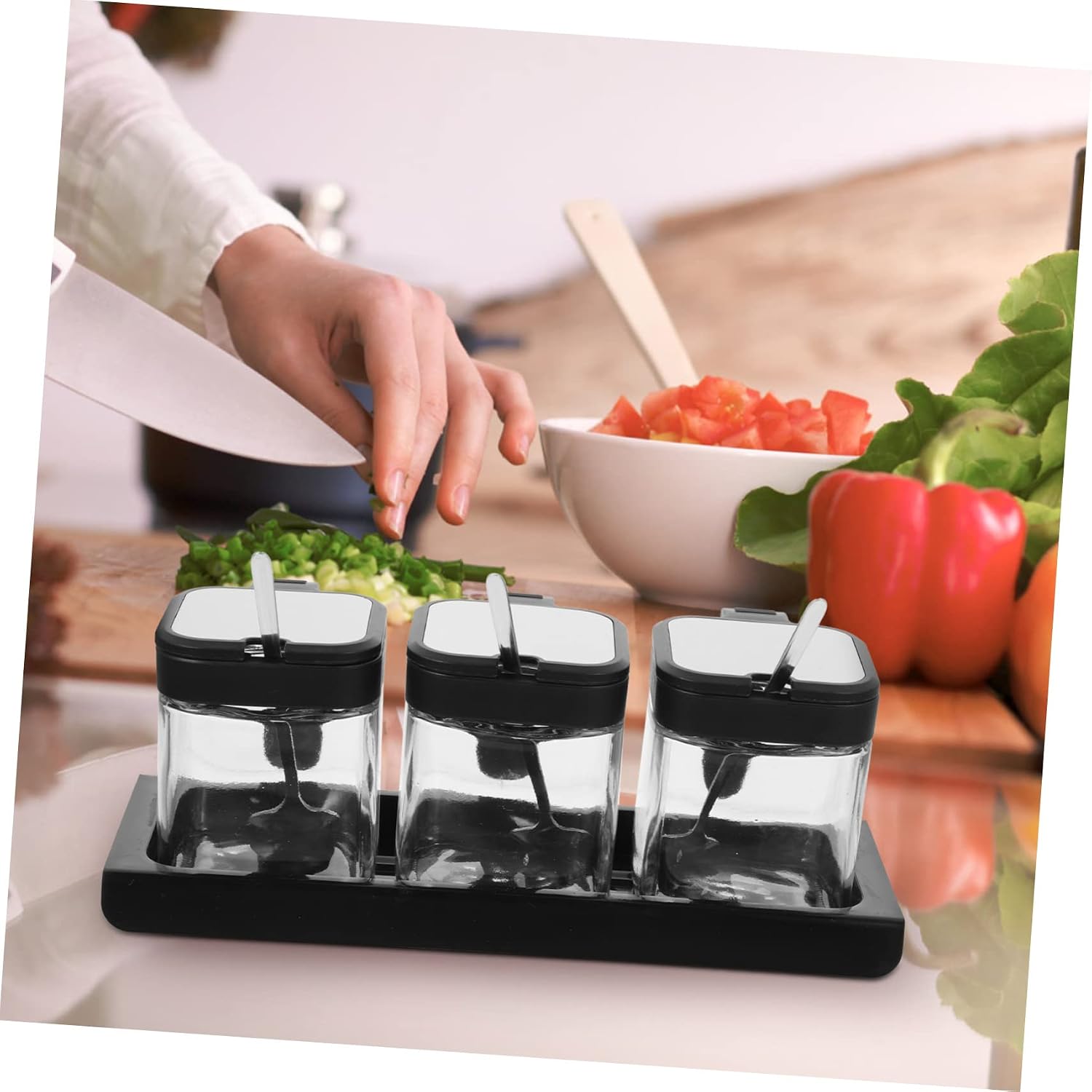 COLLBATH Glass Seasoning Jar Set with Tray, 255ml Black Plastic Holder