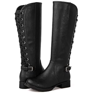 GLOBALWIN Womens Quilted Knee High Fashion Boots Strappy Boots For Women For Skinny Calf
