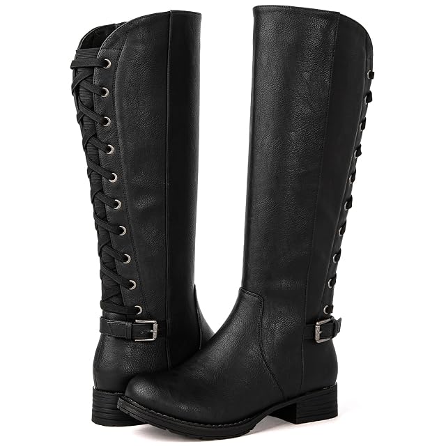 GLOBALWIN Womens Quilted Knee High Fashion Boots Strappy Boots For Women For Skinny Calf