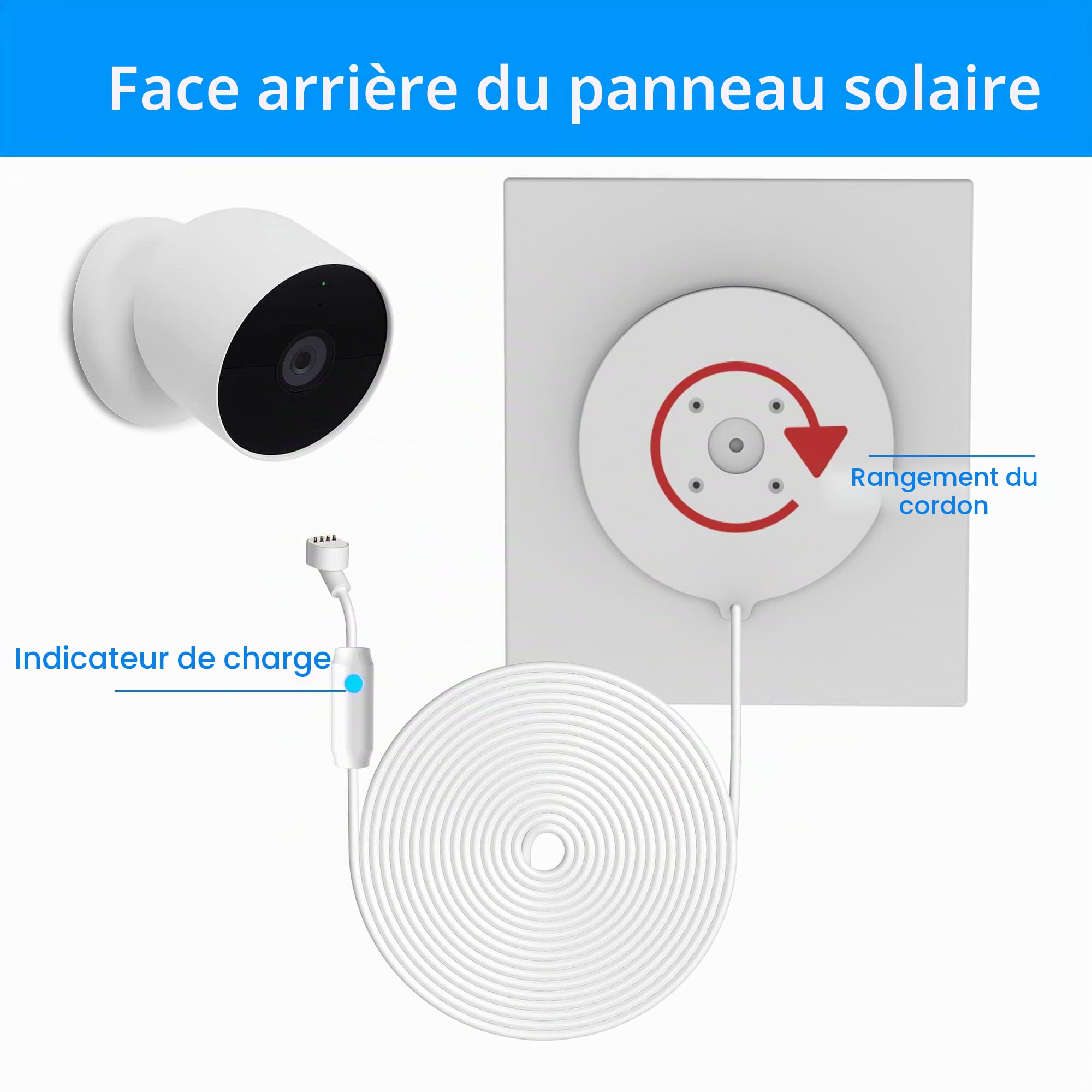 Panneau solaire amélioré de 6W avec lumière de respiration d'alerte de charge, compatible avec la caméra Google Nest Camera Outdoor & Indoor & 2nd Generation (Battery Version), installation facile
