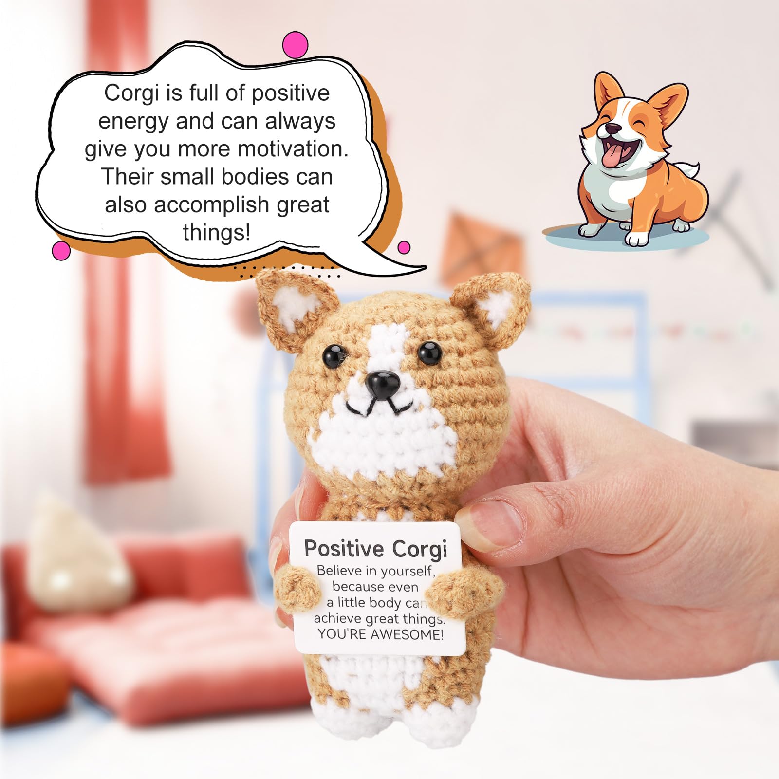 Corgi Positivo All'uncinetto TOYMIS – 12 Cm, Fatto A Mano In Lana, Con Messaggio Incoraggiante – Portafortuna E Decorazione