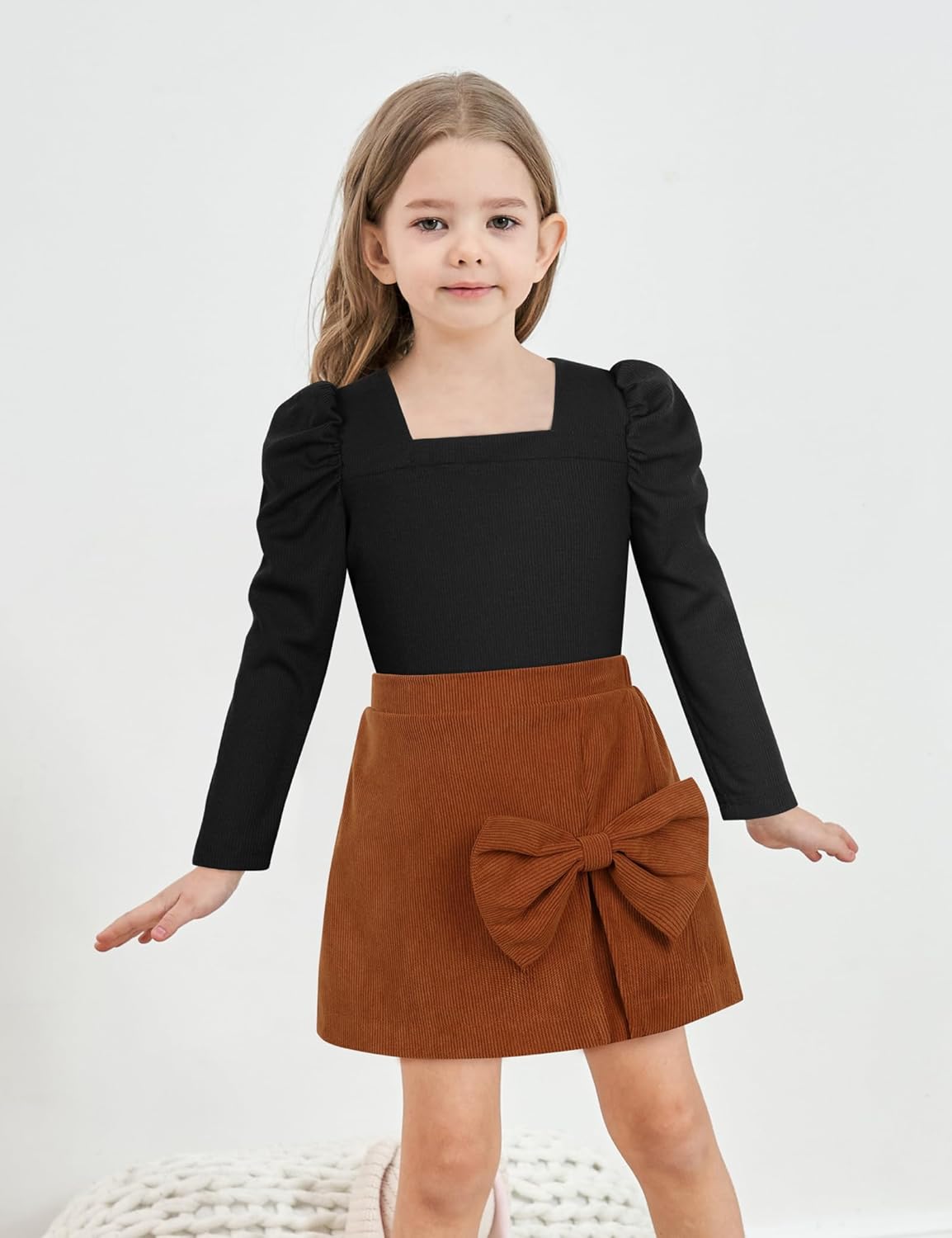 KISSB Toddler Girl Clothes Square Neck Puff Sleeve Top and Skort Set 2PCS Fall Winter Girls Outfits - Image 2