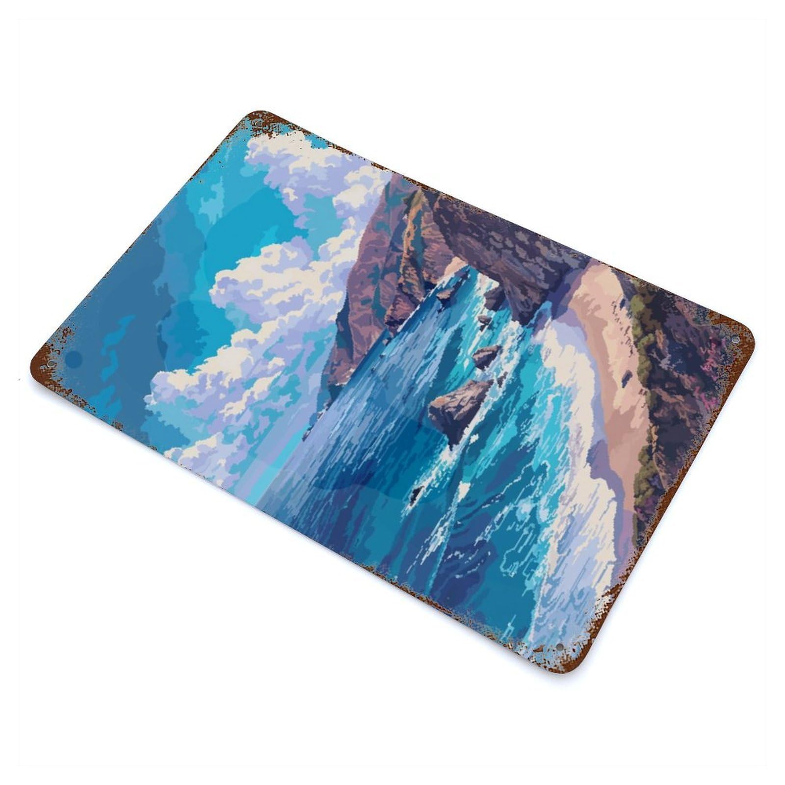 California Beach Pixel Rust Effect Tin Sign 11.8"x7.9", Ideal for Farmhouse, Kitchen And Entryway Decor