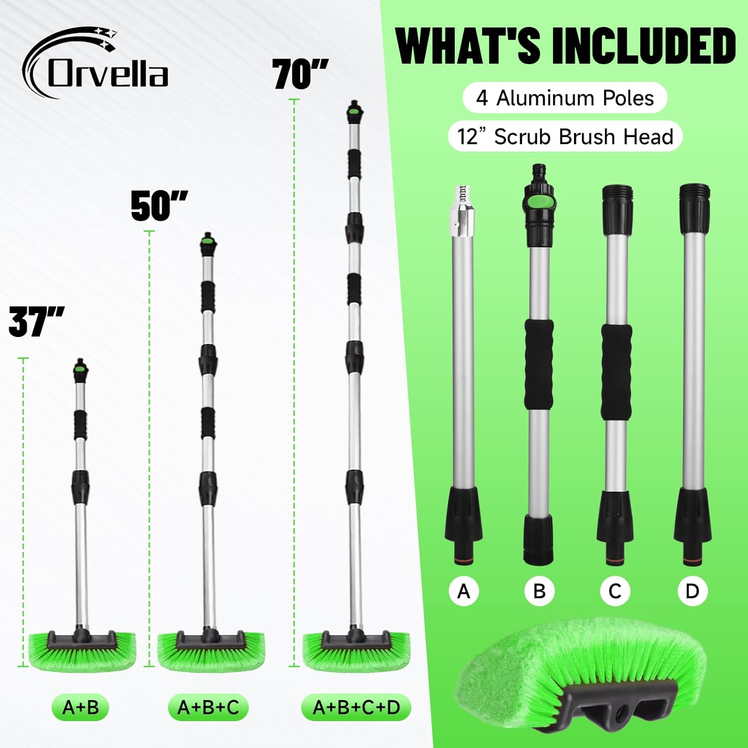 70" Car Wash Brush with 12-Inch Soft Bristles and 4 Aluminum Poles, Adjustable Length for Cars, RVs, SUVs, Trucks, Boats, House Siding, Hose Attachment and On/Off Switch (Green)