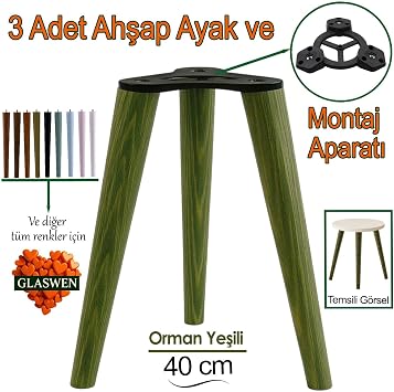 3 ADET Ahşap Ayak 40 Cm Orman Yeşili M8 Civatalı Bağlantı Aparatlı Mobilya Tabure Sehpa Masa Destek Ayağı